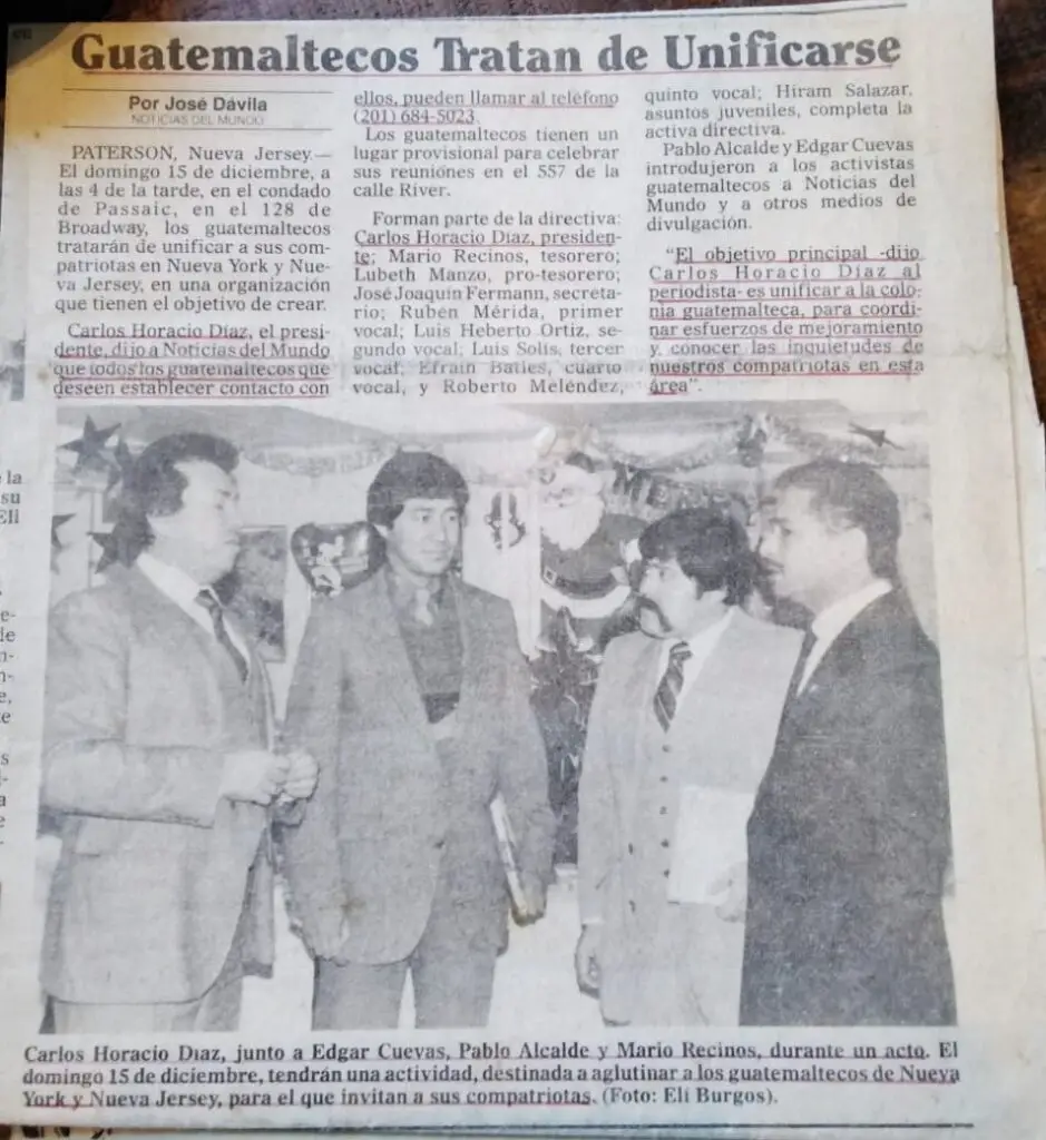 Publicación de prensa hispana en EE.UU. acerca de los esfuerzos promovidos por varios guatemaltecos, entre ellos Carlos Horacio Díaz, de bigote, para tratar de integrar a los migrantes guatemaltecos de New York y New Jersey. – SoyMigrante.com – SoyMigrante.com