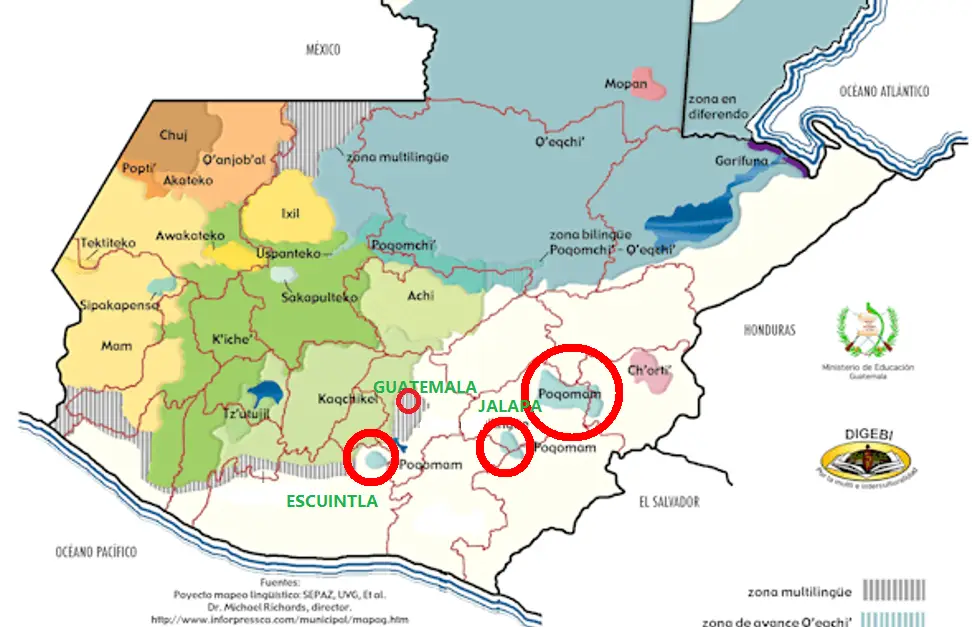 Los principales núcleos de población Poqomam están en Palín, Escuintla; Jalapa, Chinautla y Mixco. (Mapa de la Dirección General de Educación Bilingüe Intercultural del Mineduc) – SoyMigrante.com – SoyMigrante.com