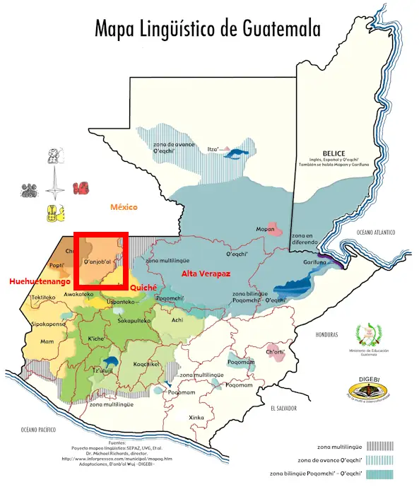 Area núcleo de la comunidad maya Q'anjob'al, predominante en los municipios de Santa Eulalia, Barillas, San Juan Ixcoy y San Pedro Soloma (Mapa de la Dirección General de Educación Bilingüie Intercultural del Mineduc) – SoyMigrante.com – SoyMigrante.com