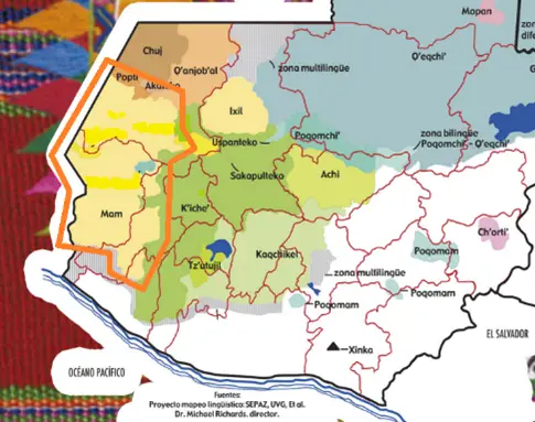 Mapa de la principal área poblada por comunidades del pueblo Mam (Mapa Dirección General de Educación Bilingüe Intercultural, Mineduc) – SoyMigrante.com – SoyMigrante.com