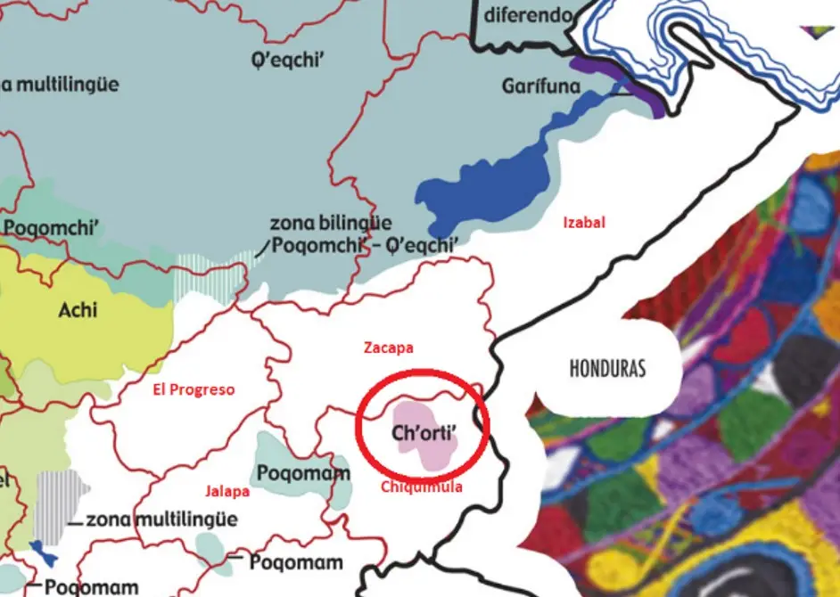 La población ch'orti se concentra en municipios de Chiquimula, aunque también existen un par de comunidades en Honduras. Sin embargo, solo en Guatemala se mantiene vivo el idioma. (Mapa lingüístico Dirección General de Educación Bilingüe, Mineduc) – SoyMigrante.com – SoyMigrante.com