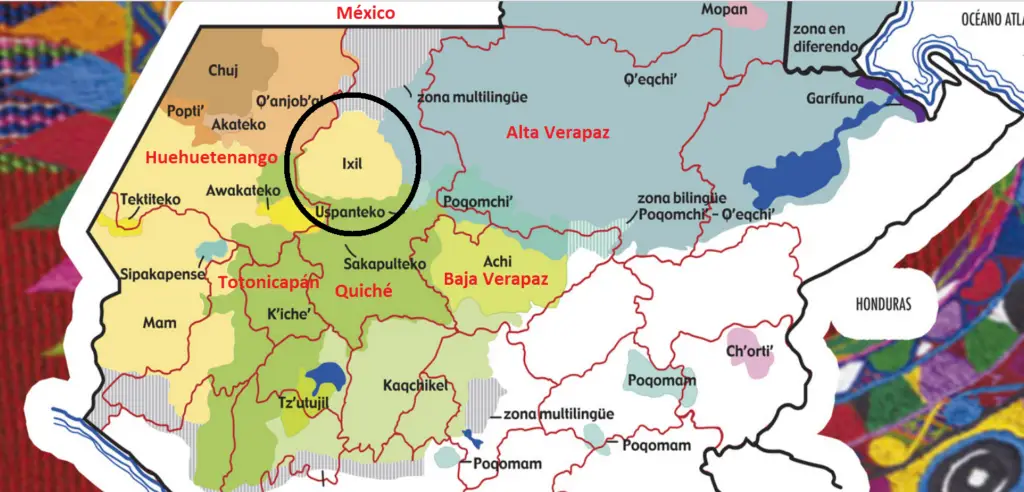 Mapa lingüístico ixil. Fuente: Ministerio de Educación de Guatemala. – SoyMigrante.com – SoyMigrante.com