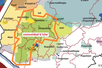 Mapa de distribución de comunidades de habla maya k'iche, según la Dirección General de Educación Bilingüe del Ministerio de Educación. – SoyMigrante.com – SoyMigrante.com