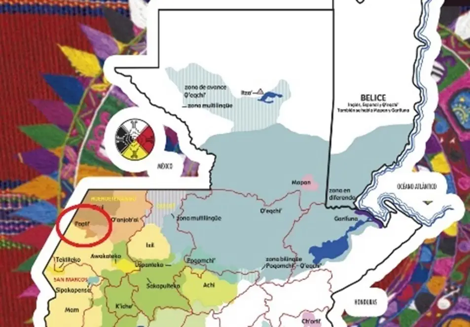 Región de la comunidad Poptí, anteriormente Jakalteko, según el mapa de la Dirección General de Educación Bilingüe del Ministerio de Educación. – SoyMigrante.com – SoyMigrante.com