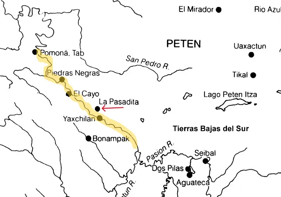 Subrayado en amarillo está el río Usumacinta, que hoy divide a Guatemala de México. En tiempos prehispánicos, las ciudades de Piedras Negras y Yaxchilán sostuvieron fuertes rivalidades por el dominio del paso fluvial, que era vía de comercio hacia el norte. – SoyMigrante.com – SoyMigrante.com